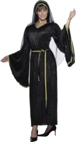Costume consists of long velveteen robe with gold brocade finishing and flared sleeves.