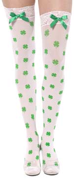One pair of white thigh high stockings with shamrock pattern, lacy tops and green bow detail.
