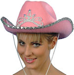Pink felt cowgirl hat with tiara and silver sequin trim.