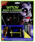Includes black fingernails, witch nose, colour pallete, fake blood, cream makeup, sponge and fake sk