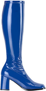 Navy blue knee high stretch patent go-go boots with 3 inch block heel.