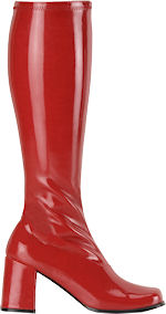 Red knee high stretch patent go-go boots with 3 inch block heel.