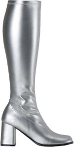 Silver knee high stretch patent go-go boots with 3 inch block heel.