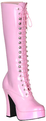 Baby pink knee high lace-up platform boots with zipper and 5 inch heels.