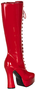 Red knee high lace-up platform boots with zipper and 5 inch heels.