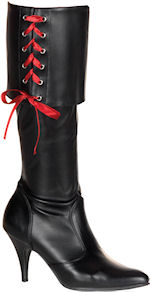 Black pirate boots with red laces and stiletto heels.