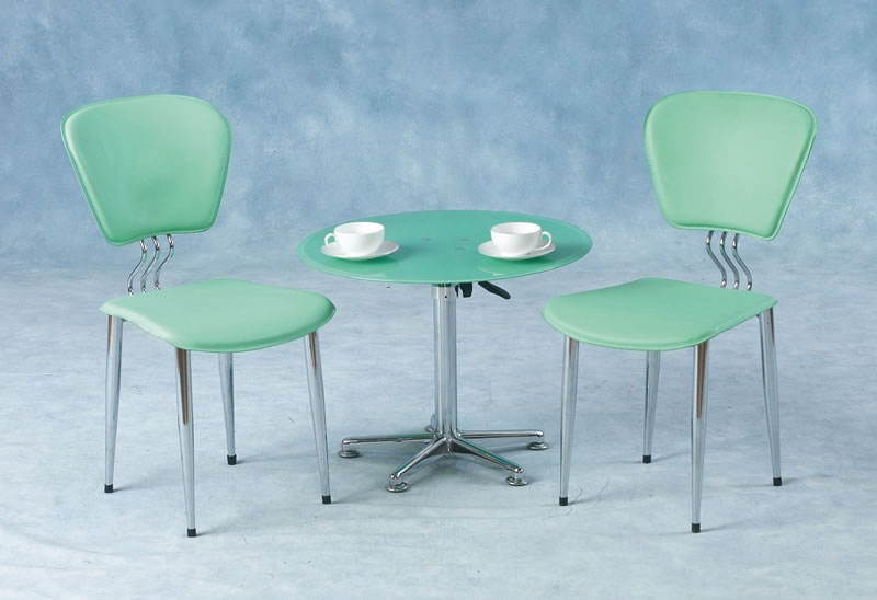 This versatile two chair set features a 25" diameter table which can be used for dining at