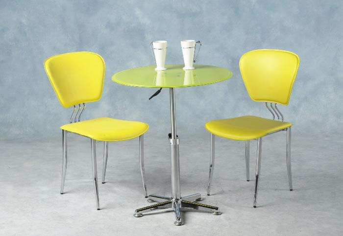 This versatile two chair set features a 25" diameter table which can be used for dining at