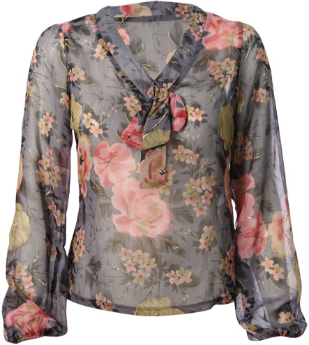 Floral print chiffon blouse with tie front. 100 Polyester.