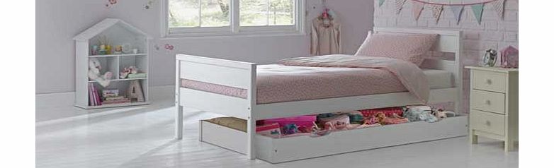 This Faris Storage Single Bed Frame is a simple but stylish childrens bed. suitable for any theme of bedroom. Its white finish looks great and is built to last. The bed also comes with an under carriage storage are to provide a fantastic storage solu