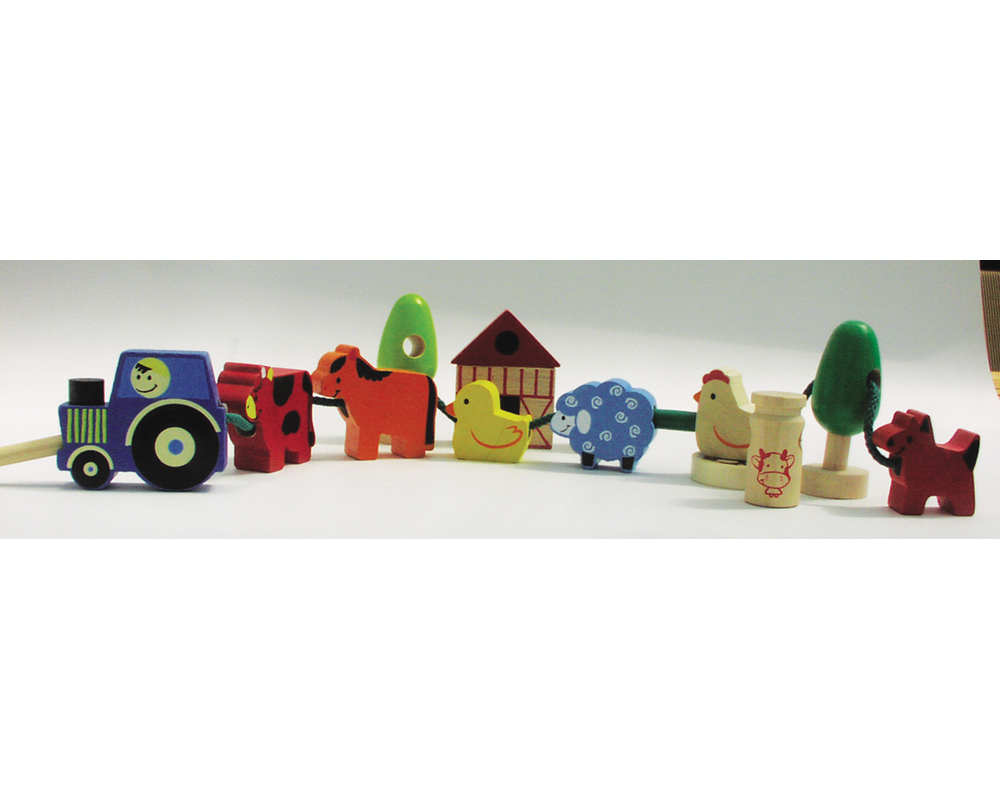 Toddlers and small children enjoy planning their railway or farm and threading the chunky wooden pie