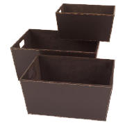 Stylish set of 3 faux leather storage baskets in chocolate brown for organising your home.