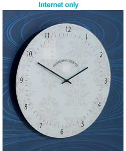 Contemporary style clock.Frosted glass case and black hands.Size (H)46, (W)46, (D)1.5cm.Requires 1 x