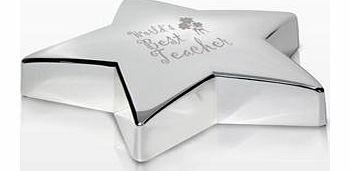 This fantastic Female Teacher Star Paperweight makes a fabulous end of term gift for your teacher that they can use time and time again.The paperweight is in a star shape and has a lovely shiny silver finish.� Already engraved within are the words Wo