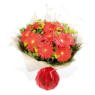 A all round handtied with red gerbera interspersed with buplerum vari pitto fern and ting ting. Deli
