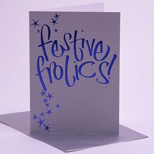 Funky festive Christmas card in silver with festive frolics in metallic blue. Comes with a silver