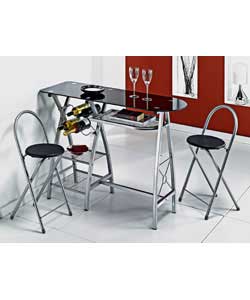 Size of table (L)120, (W)45, (H)88cm. Size of chairs (W)35.5, (D)36.5, (H)78.5cm. 8mm black tempered