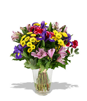 Floral cheer H. ow can you resist the lure of blue irisO. r the nodding heads of alstromeria andP. i