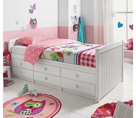 Excellent for maximising space. this Finn 6 Drawer White Cabin Bed with Finley Mattress is perfect if you are looking for more places to store toys in your childs bedroom. This attractive white cabin bed comes with a firm. fibre core Silentnight Finl