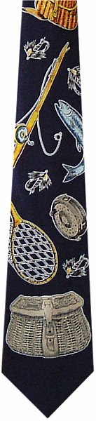 A smart navy blue tie featuring fish and various fishing gear