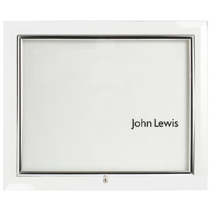 Flat glass photograph frames with silver-coloured metal trim and metal stud stand.