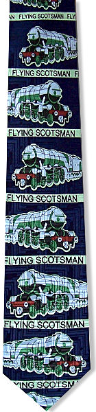 A great train tie featuring the Flying Scotsman on a navy patterned background