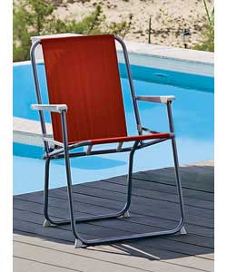 Foldable armchair with tubular steel, plastic and polyester.Should be stored indoors during winter m