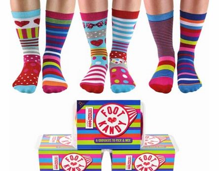 Foot Kandy - 6 Odd Socks for girlsThe Foot Kandy gift box of socks is a guilt free choco-lovers dream. All the sock colours of the Foot Kandy - 6 Odd Socks for girls have been inspired by colours from favourite sweets and chocolates from childhood to