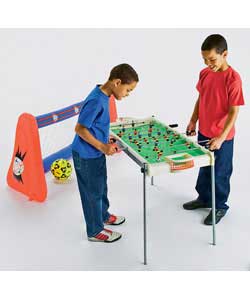 Football table features:2 teams.2 goals.Match ball.Score counter and printed pitch.Support legs