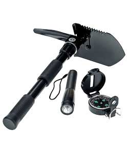 Soft case with belt loop contains torch, compass and camping awl. Requires 2 x AA batteries (not