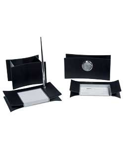 Luxury leather effect black desk set includes: Memo dispenser and chrome pen stand. Letter holder