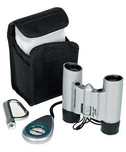 Soft case with belt loop contains binoculars, compass, keyring torch and waterproof jacket