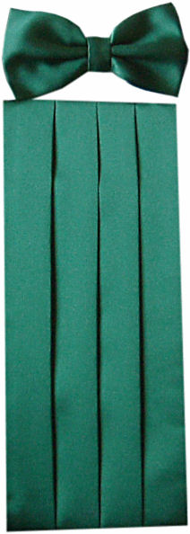 A matching forest green cummerbund and bow tie set