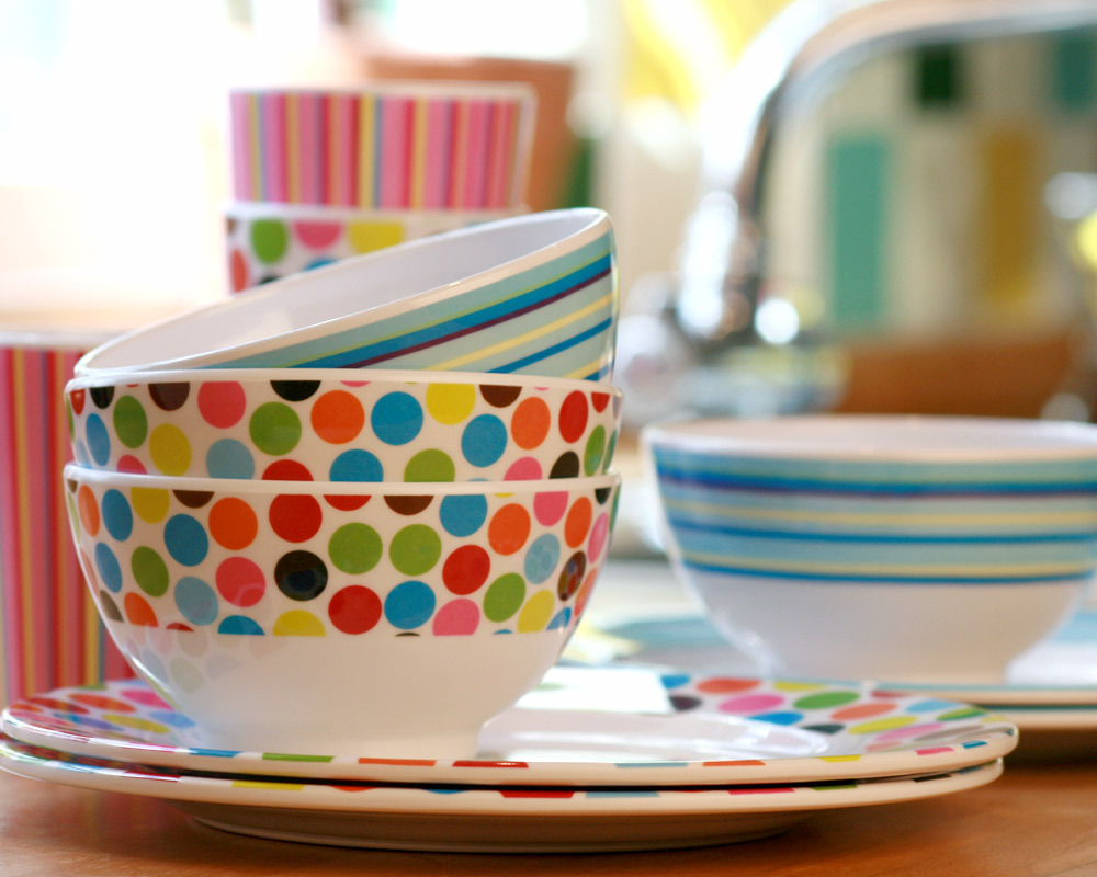Iconic style: these tough melamine beakers, bowls and plates bring a touch of style to everyday meal