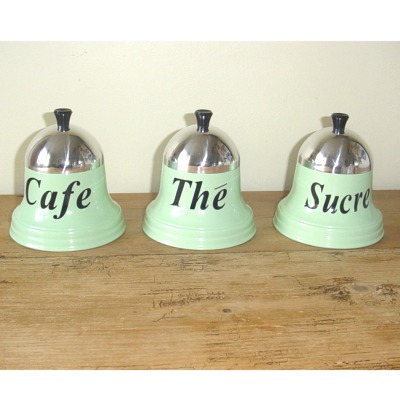 Set of 3 French Style canisters - The - Cafe - Sucre - Metal Coated -  in Green with Polished Lids