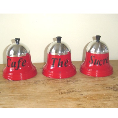Set of 3 French Style canisters - The - Cafe - Sucre - Metal Coated -  in Red with Polished Lids