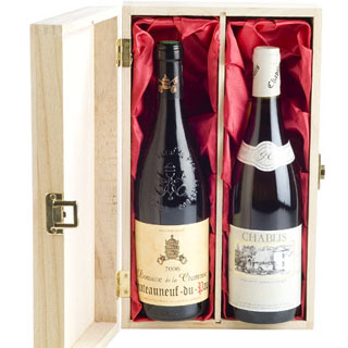 Domaine de la Chartreuse CdP and Chablis Domaine Tremblay in hinged wooden box with red silk linings