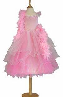 This is a gorgeous creation with a skirt that has layers of soft wavy net and a velveteen bodice. It is then finished with a pretty marabou feather boa. the hooped skirt gives the dress a lovely full shape. Suitable for height 134 to 146cm. For ages 