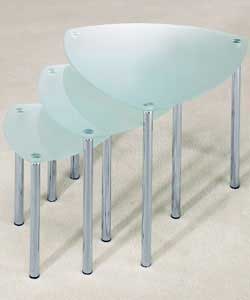 Size of largest table (L)48, (W)48, (H)38.5cm.Chrome metal frames with frosted glass tops.Self assem