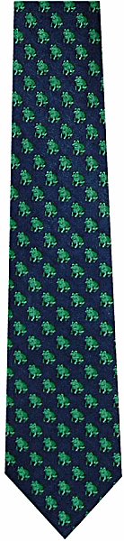 A delightful tie featuring lots of smiling little green frogs on a navy background