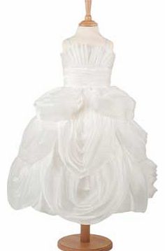 Beautiful white princess dress with soft curved folds of organza falling over the full skirt with a back zip. It also has a pretty pleat on the bodice and a matching pleated sash to complete the outfit. Supplied with a limited edition certificate and