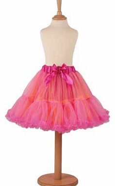 An adorable orange and cerise layered tutu skirt which is light. frothy and fun. This is and essential wardrobe piece for any budding dancer or the fashionable young girl. With a pretty satin waistband and bow detail. hand washable. Suitable for heig