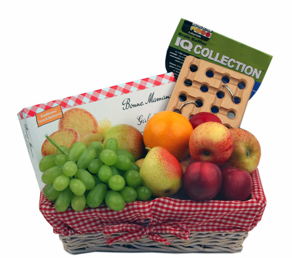 The Fruit Puzzler gift basket is bursting with fresh fruit beautifully presented in a red gingham li