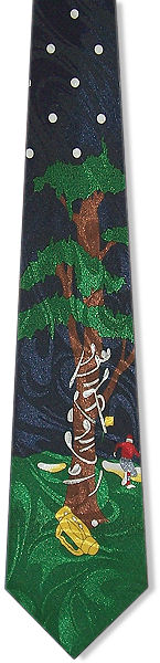 A great golf tie with golf clubs wrapped around a tree and a golfer storming off in the distance