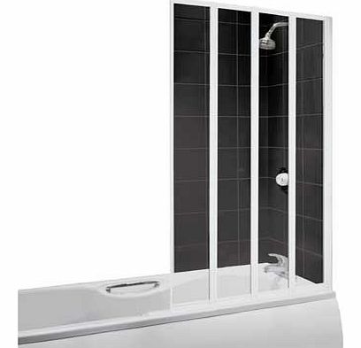Spillages will be a thing of the past with this fully framed 4 fold shower screen. The white aluminium design and toughened glass panelling will add a touch of elegance to your bathroom. Suitable for either end of bath. 3mm toughened glass. Size H140