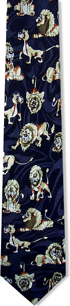 A great lion tie with lions in different poses and facial expressions on a patterned navy