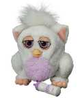 Hey, this is a Furby Baby! Its very little but it likes to have lots of fun! \"Feed\" it its bottle