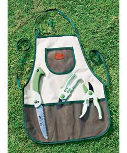Gardening apron with 4 net pockets. 8in anvil pruners.8in by-pass pruners. 7 1/8in foldable hand saw