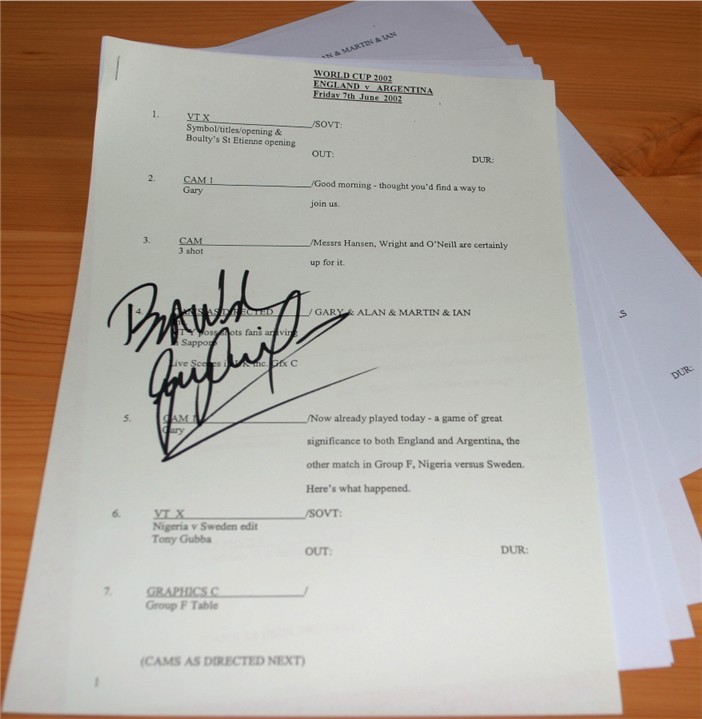 GARY LINEKAR SIGNED WC2002 TV SCRIPT - ENGLAND v