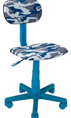 A simple height-adjustable desk chair with comfortable. padded seat and backrest. perfect for a childs bedroom. All the frame parts of this chair are in cool blue and the seat and backrest are covered in a funky camouflage fabric. Wood frame. Seat he